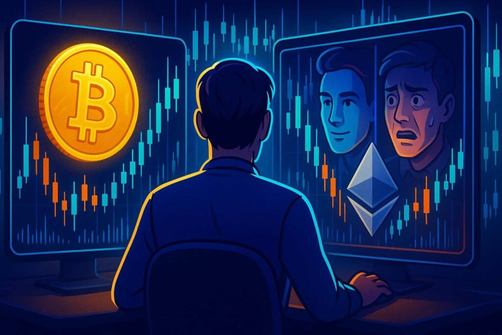 Crypto trader balancing emotions and discipline with Bitcoin and Ethereum charts in the background.