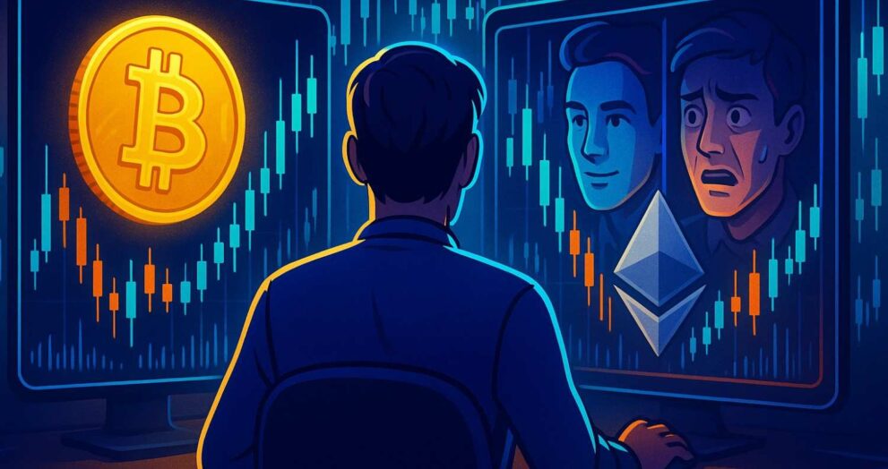 Crypto trader balancing emotions and discipline with Bitcoin and Ethereum charts in the background.