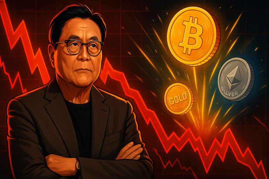 Robert Kiyosaki predicting stock market crash, favoring Bitcoin, gold, and silver.