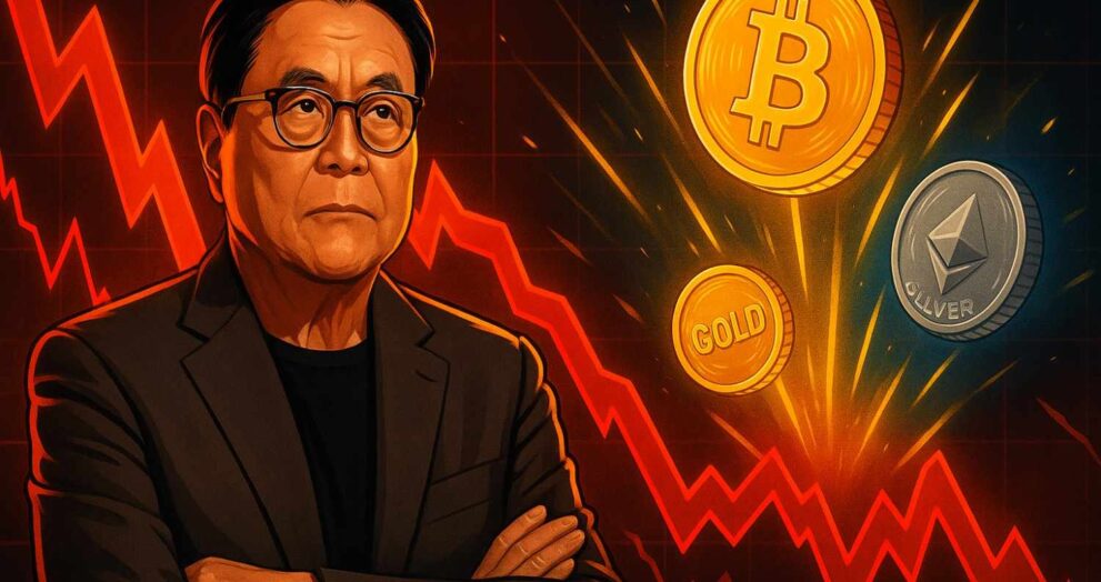 Robert Kiyosaki predicting stock market crash, favoring Bitcoin, gold, and silver.