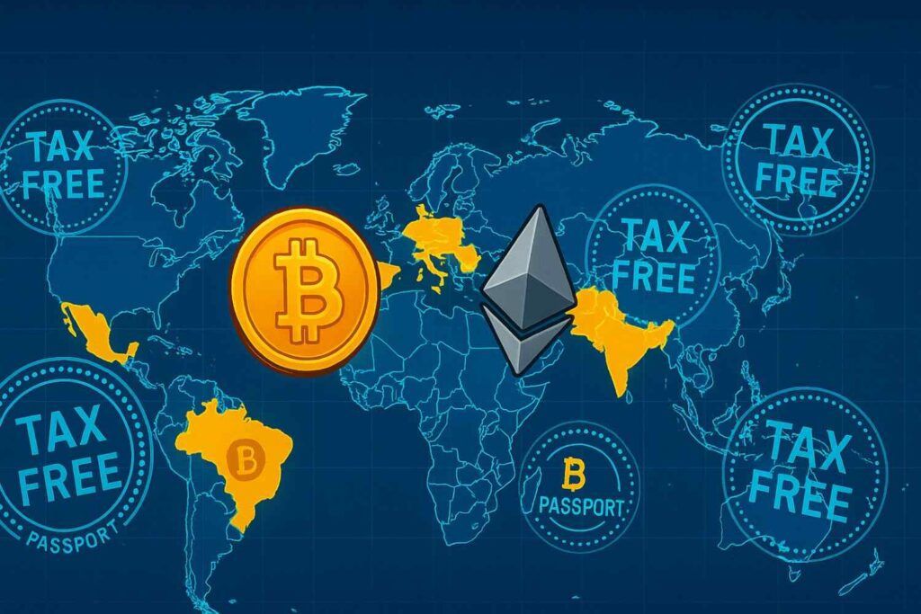 Global map showing top crypto tax-free countries in 2025 including UAE, Germany, and Portugal.