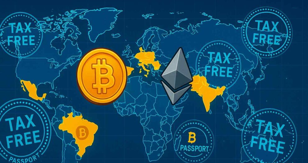 Global map showing top crypto tax-free countries in 2025 including UAE, Germany, and Portugal.