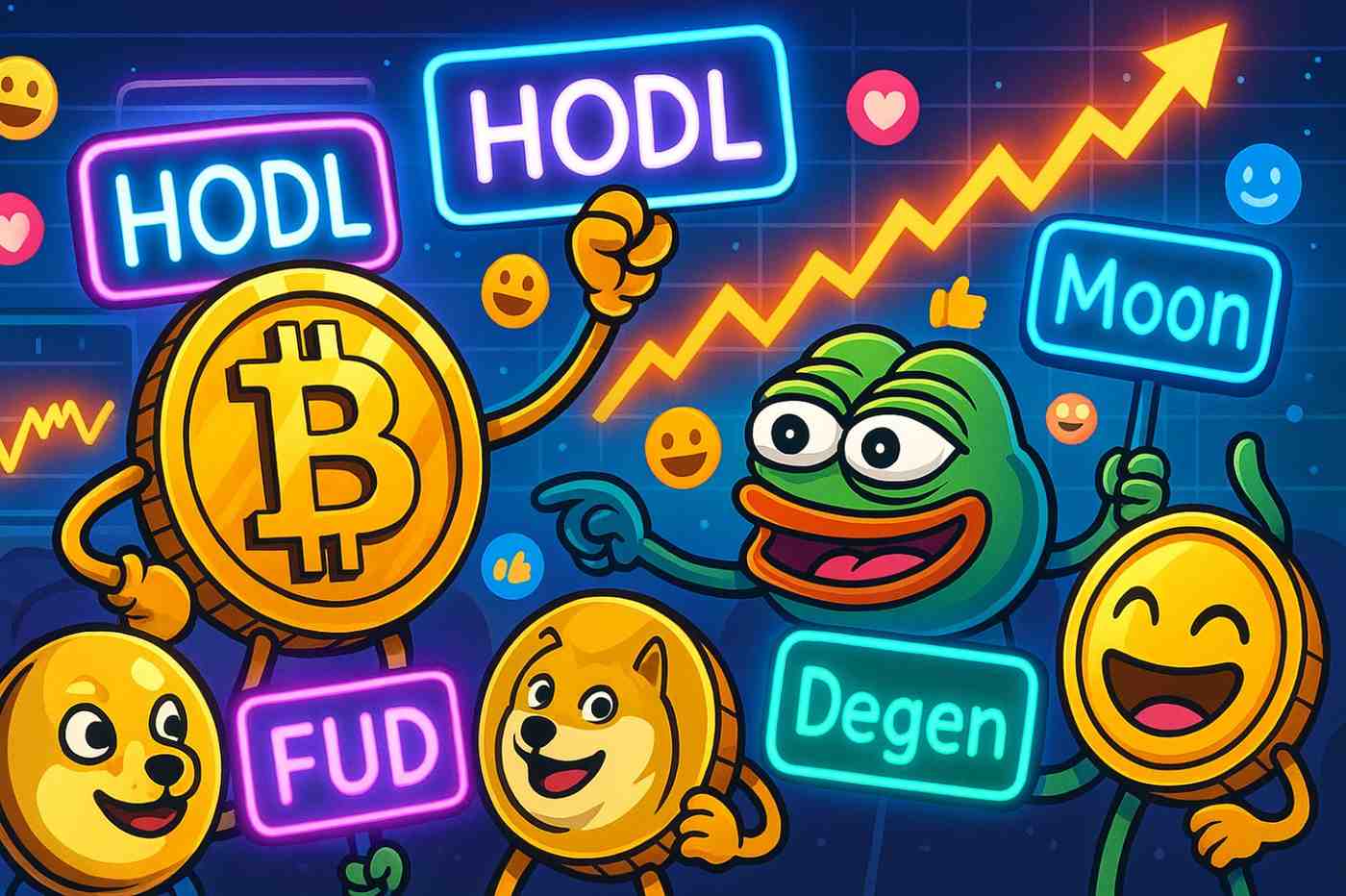 Crypto slang and memecoin terms like HODL, WAGMI, and FUD illustrated with community-style coin characters.