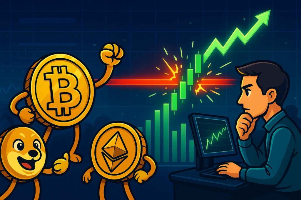 Crypto chart breakout with candlesticks smashing through resistance, symbolizing big moves.