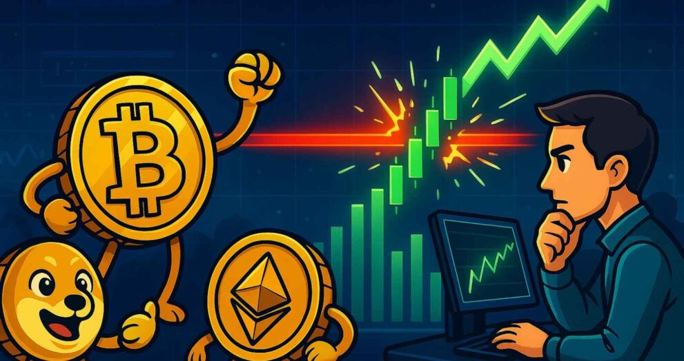 Crypto chart breakout with candlesticks smashing through resistance, symbolizing big moves.