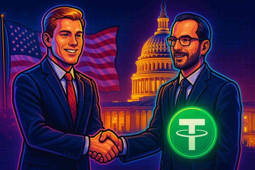 Illustration of Tether appointing Bo Hines as U.S. Strategy Advisor, symbolizing expansion into the American market.