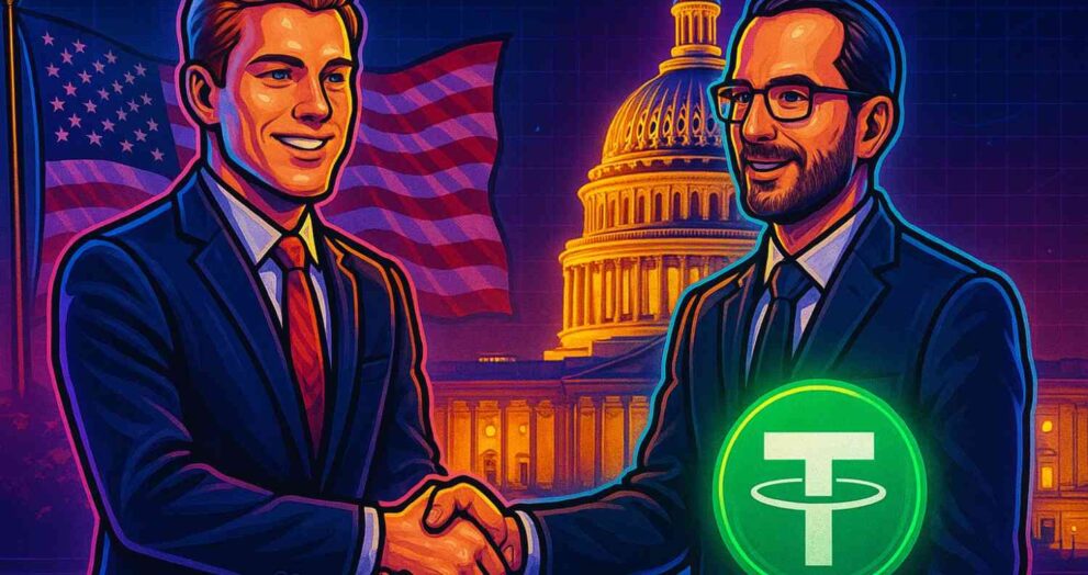 Illustration of Tether appointing Bo Hines as U.S. Strategy Advisor, symbolizing expansion into the American market.