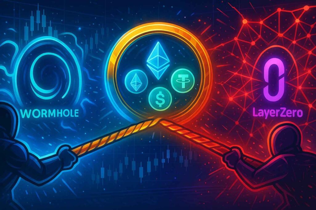 Illustration of Wormhole and Layerzero battling over Stargate in a cross-chain acquisition war.