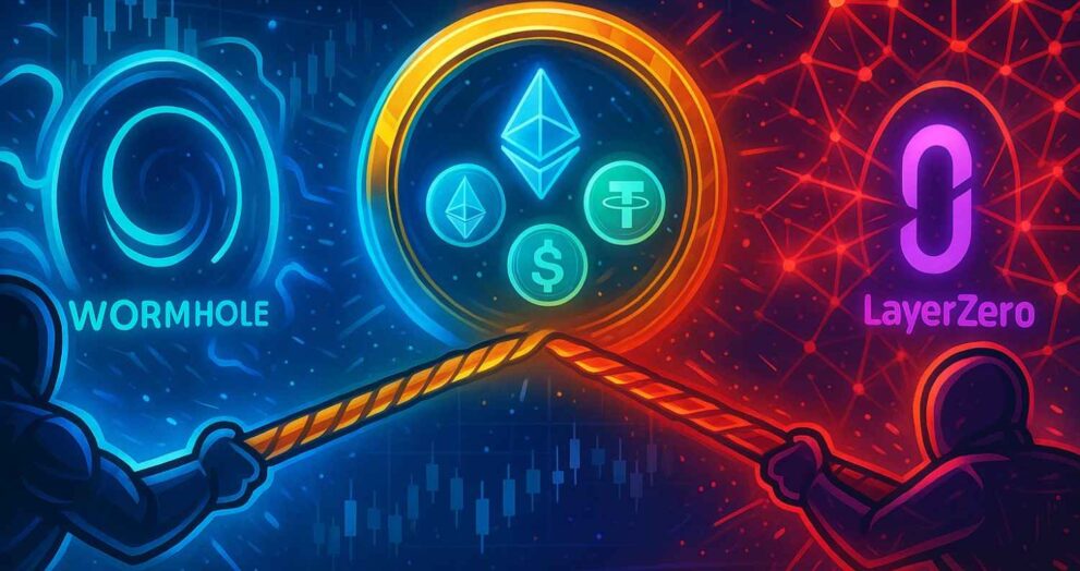 Illustration of Wormhole and Layerzero battling over Stargate in a cross-chain acquisition war.