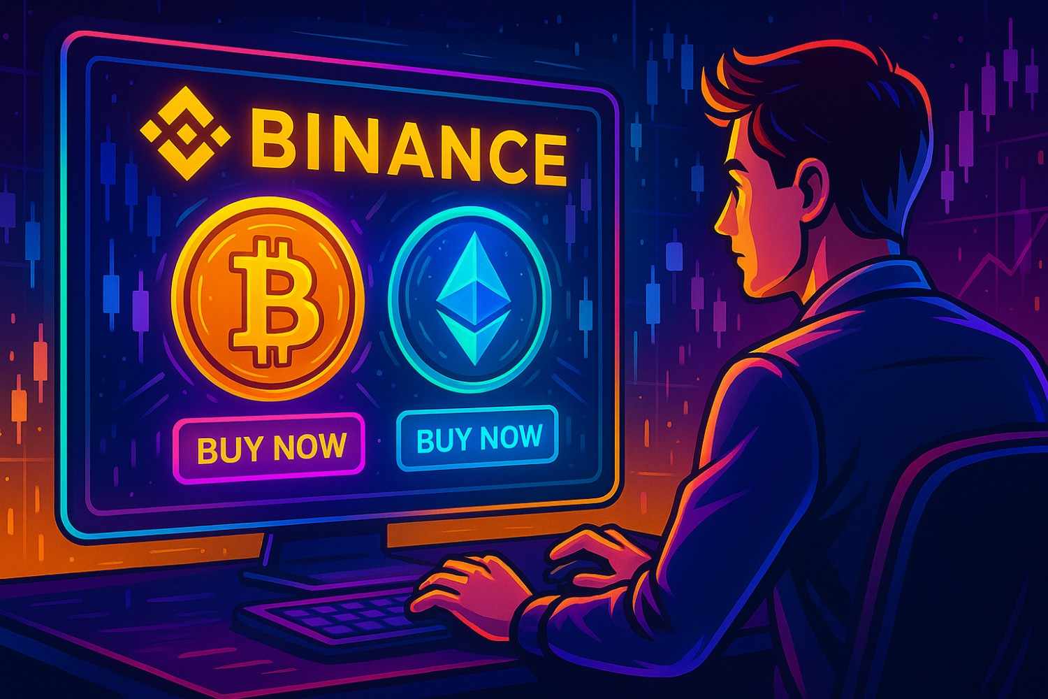 Binance mobile app screen showing Bitcoin and Ethereum buy options.
