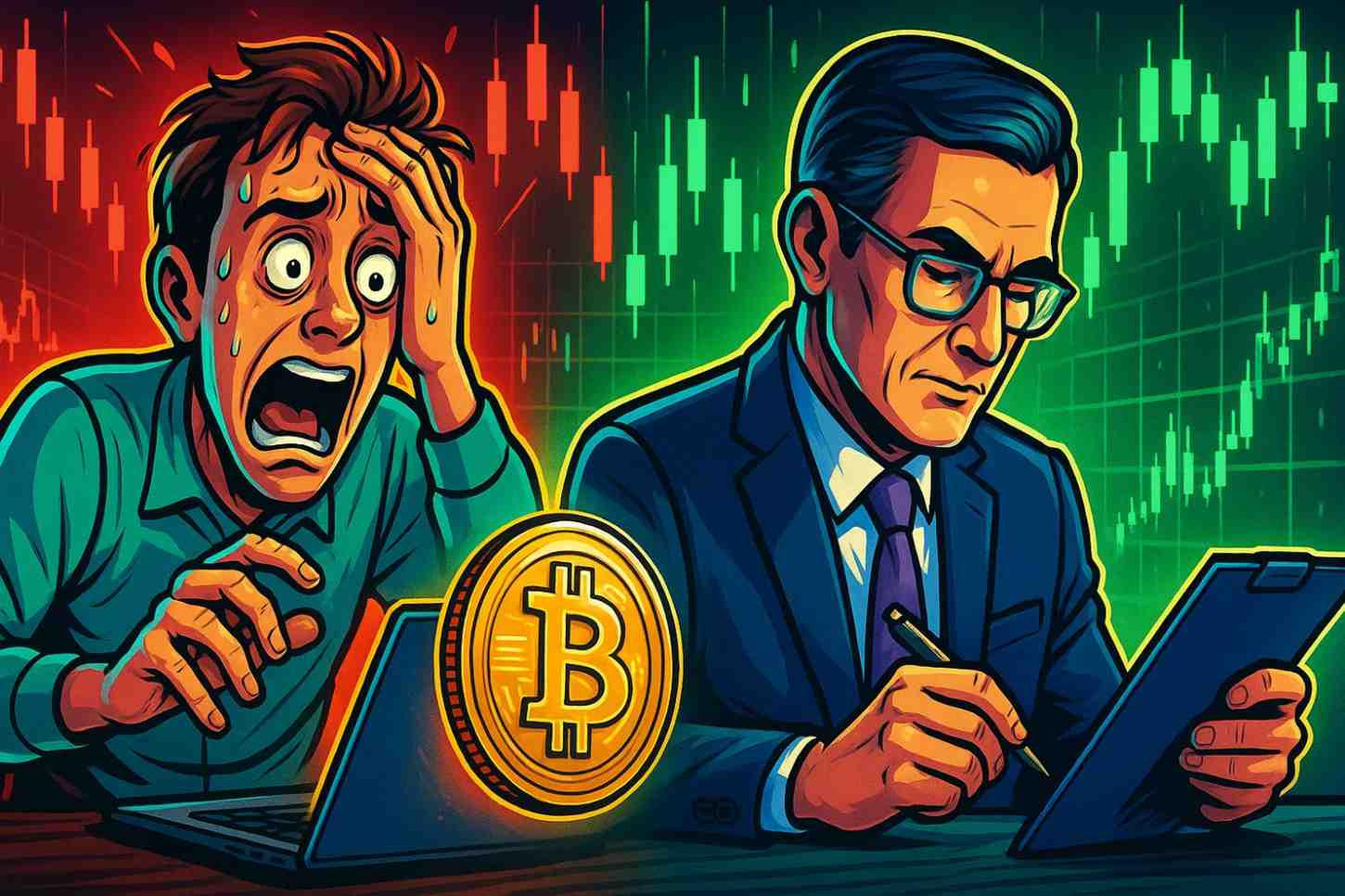 Illustration contrasting amateur vs professional trader mindset with discipline and patience.