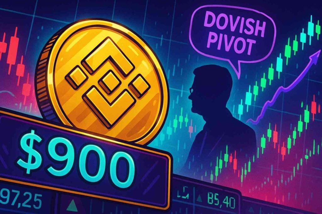 Binance Coin surges to $900 after Powell’s dovish Fed remarks.