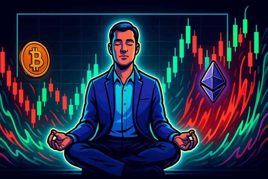 Trader staying calm while crypto charts show high volatility.