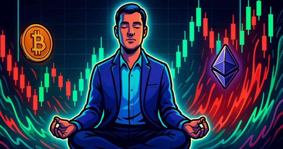 Trader staying calm while crypto charts show high volatility.