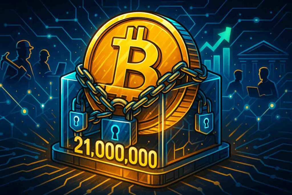 Illustration representing Bitcoin’s fixed 21 million supply limit and decentralization.