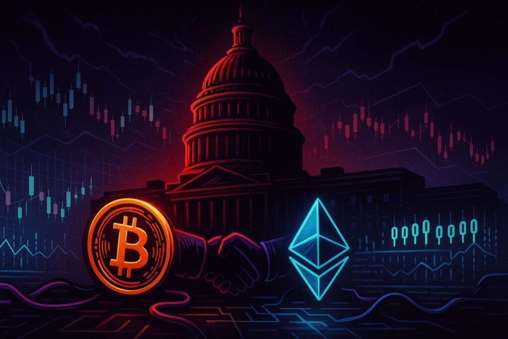 Illustration of U.S. Capitol blackout affecting Bitcoin and Ethereum during a government shutdown.