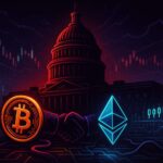 Illustration of U.S. Capitol blackout affecting Bitcoin and Ethereum during a government shutdown.