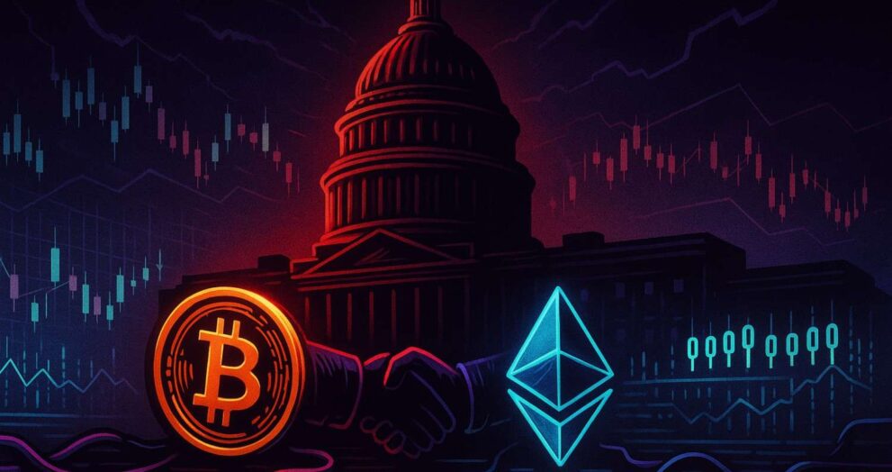 Illustration of U.S. Capitol blackout affecting Bitcoin and Ethereum during a government shutdown.