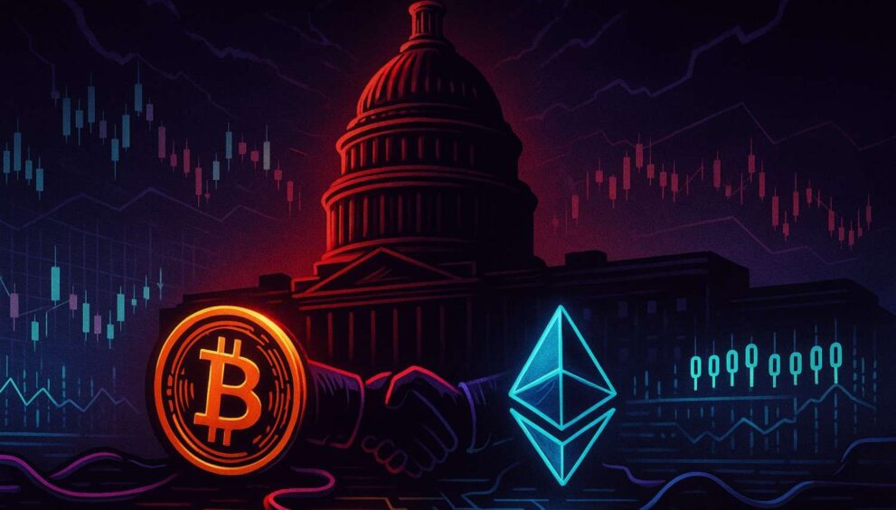 Illustration of U.S. Capitol blackout affecting Bitcoin and Ethereum during a government shutdown.