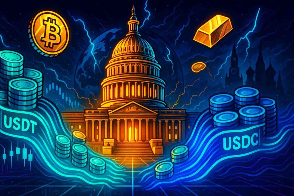 Illustration of U.S. debt reset narrative with stablecoins flowing into Capitol, watched by Kremlin.