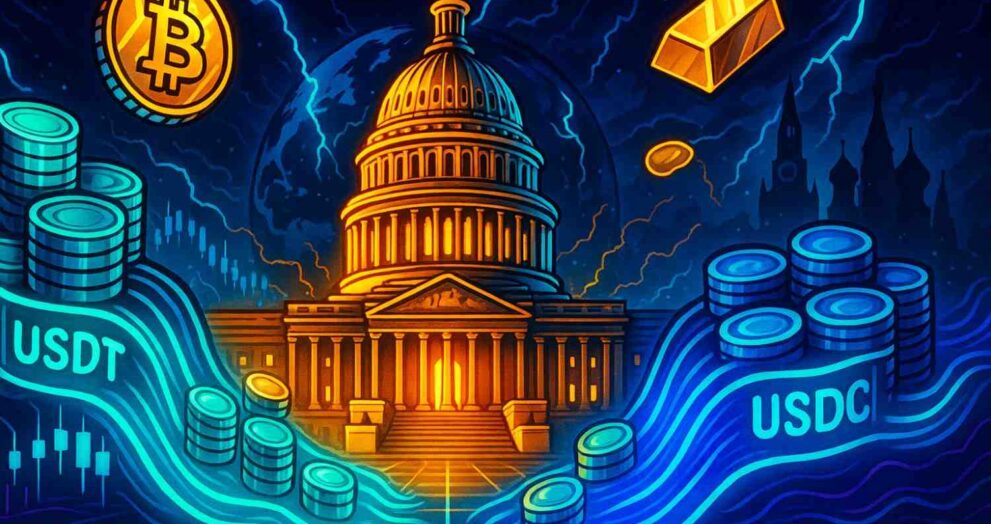 Illustration of U.S. debt reset narrative with stablecoins flowing into Capitol, watched by Kremlin.