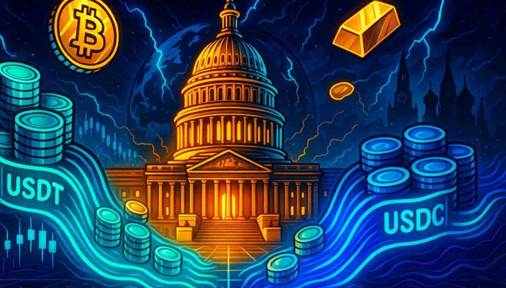 Illustration of U.S. debt reset narrative with stablecoins flowing into Capitol, watched by Kremlin.