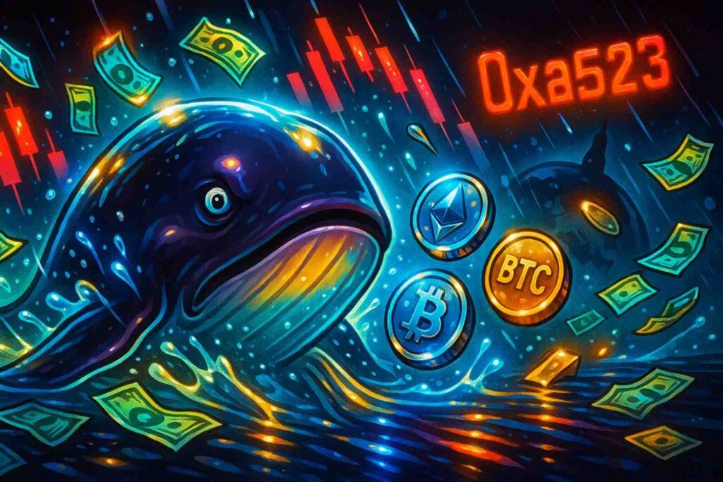Illustration of whale wallet 0xa523 surpassing James Wynn as Hyperliquid’s biggest loser.