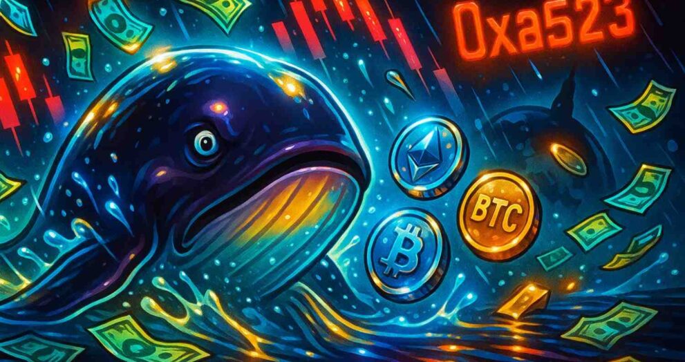 Illustration of whale wallet 0xa523 surpassing James Wynn as Hyperliquid’s biggest loser.