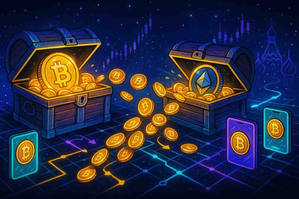 Illustration of ancient Bitcoin wallets moving 700 BTC into fresh addresses after years of dormancy.