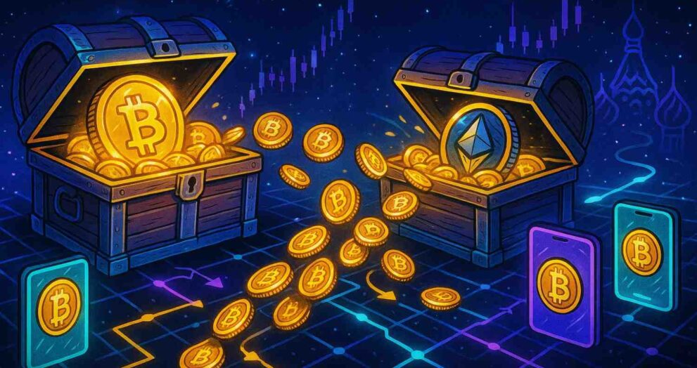 Illustration of ancient Bitcoin wallets moving 700 BTC into fresh addresses after years of dormancy.