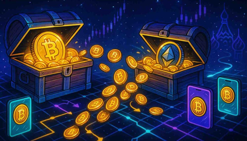 Illustration of ancient Bitcoin wallets moving 700 BTC into fresh addresses after years of dormancy.