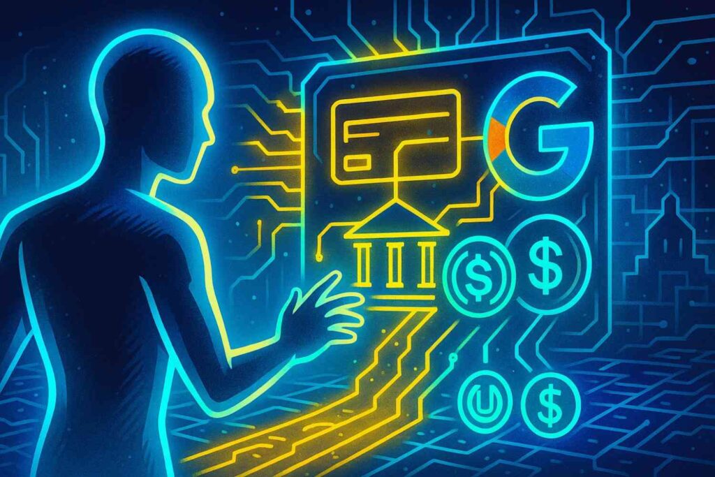 Illustration of Google’s Agent Payments Protocol connecting AI, cards, banks, and stablecoins.