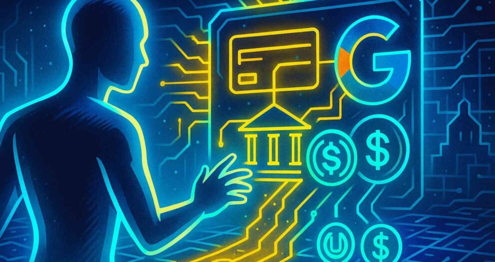 Illustration of Google’s Agent Payments Protocol connecting AI, cards, banks, and stablecoins.