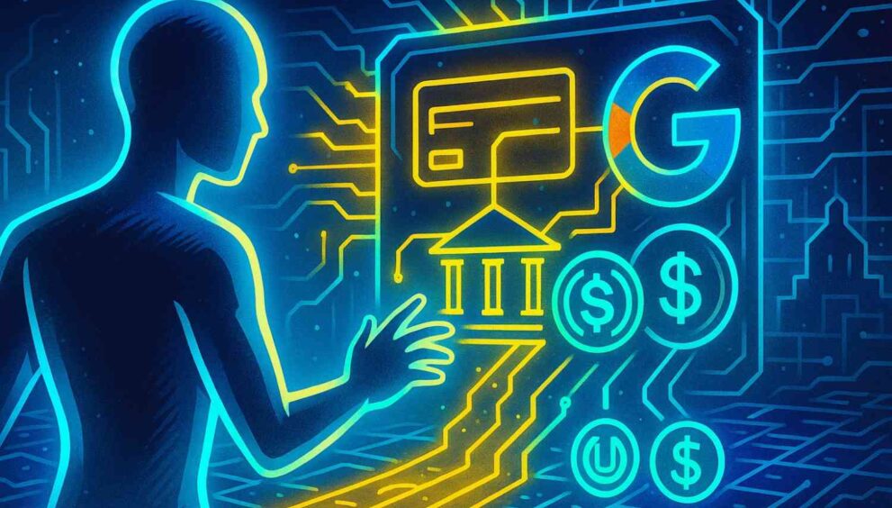 Illustration of Google’s Agent Payments Protocol connecting AI, cards, banks, and stablecoins.