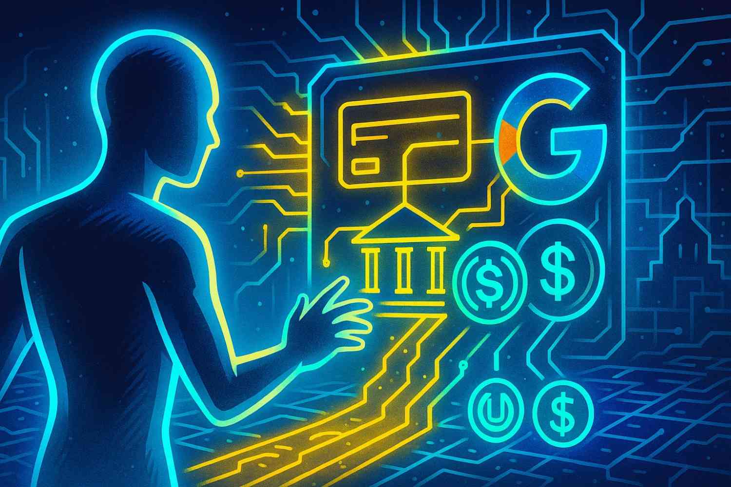 Illustration of Google’s Agent Payments Protocol connecting AI, cards, banks, and stablecoins.