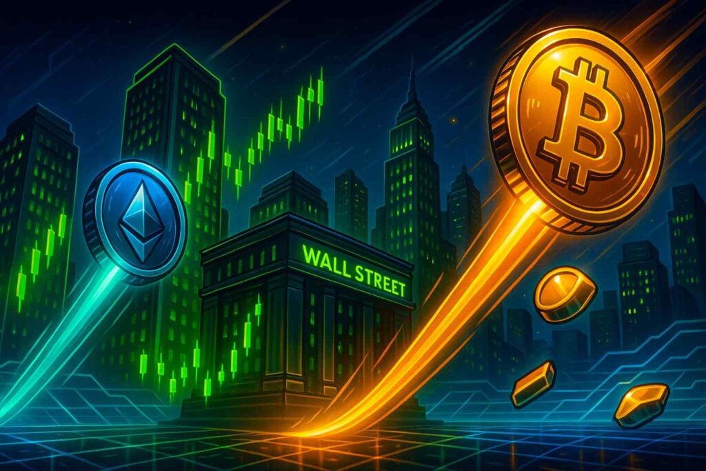 Illustration of U.S. stocks rallying $1.26 trillion with Bitcoin and Ethereum gaining momentum.
