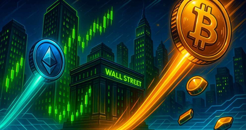 Illustration of U.S. stocks rallying $1.26 trillion with Bitcoin and Ethereum gaining momentum.