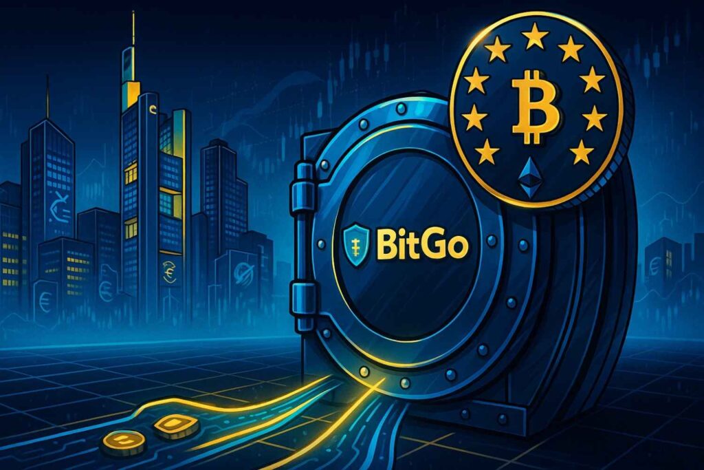 Illustration of BitGo receiving BaFin approval to expand its MiCA license for regulated crypto trading in Europe.