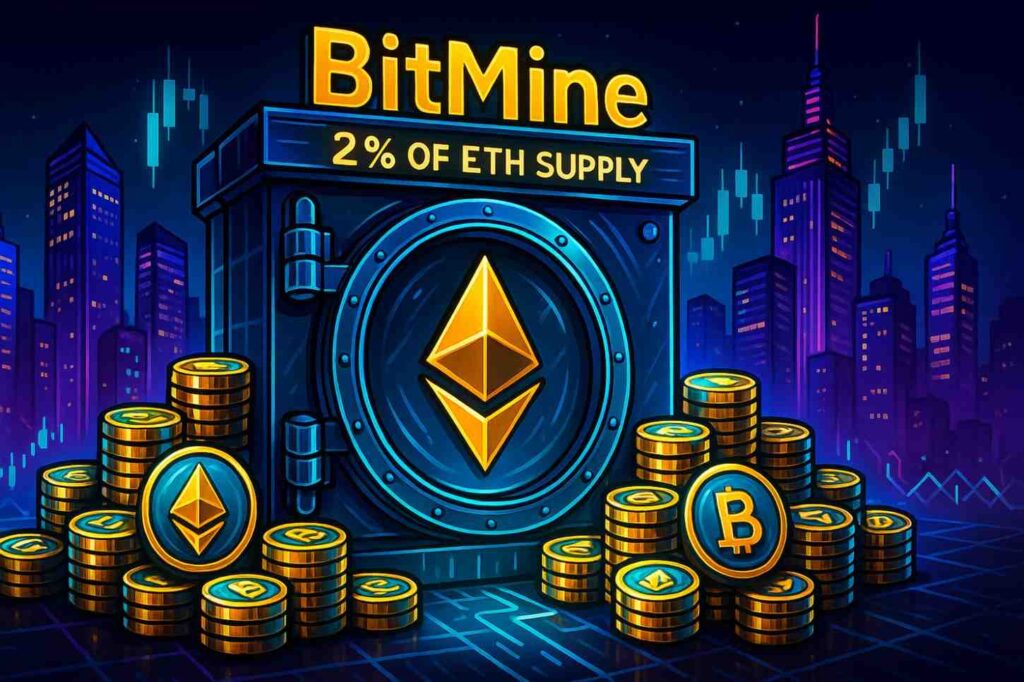 Editorial illustration of BitMine holding 2% of Ethereum supply with glowing vault and ETH coins.