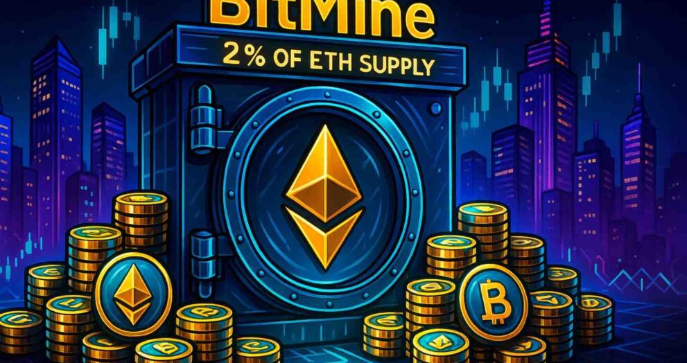Editorial illustration of BitMine holding 2% of Ethereum supply with glowing vault and ETH coins.