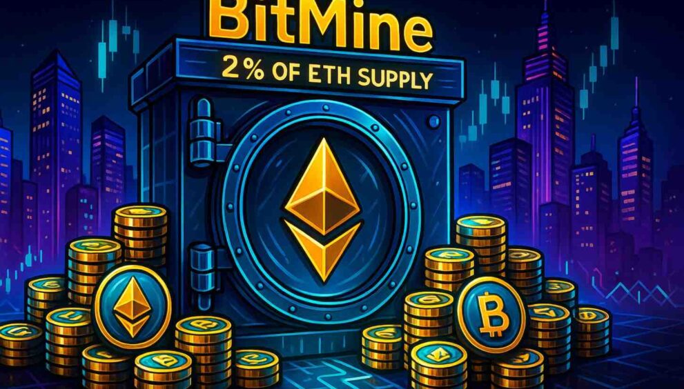 Editorial illustration of BitMine holding 2% of Ethereum supply with glowing vault and ETH coins.