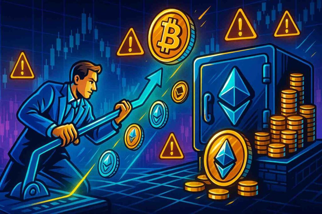 Trader using leverage in crypto, multiplying coins with added risks.