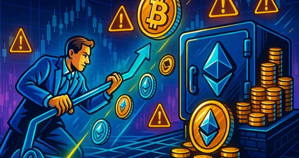 Trader using leverage in crypto, multiplying coins with added risks.