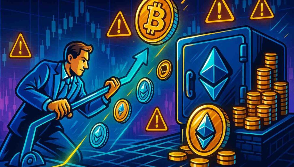 Trader using leverage in crypto, multiplying coins with added risks.