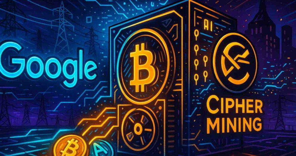 Editorial illustration of Google’s 5.4% stake in Cipher Mining blending Bitcoin mining with AI compute.