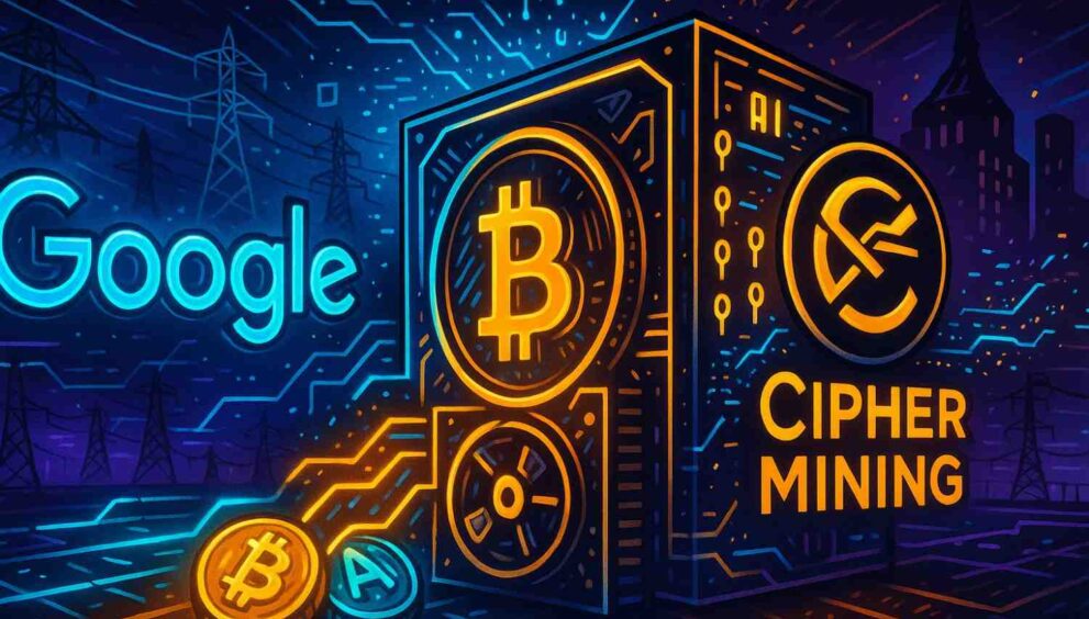 Editorial illustration of Google’s 5.4% stake in Cipher Mining blending Bitcoin mining with AI compute.