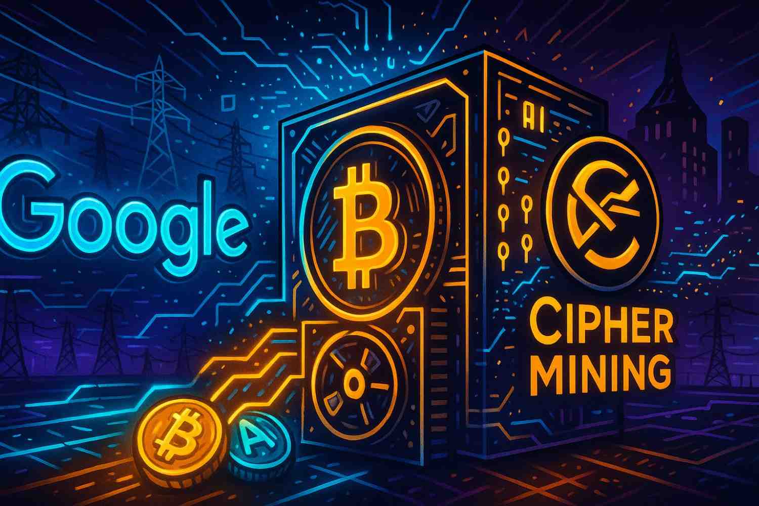 Editorial illustration of Google’s 5.4% stake in Cipher Mining blending Bitcoin mining with AI compute.