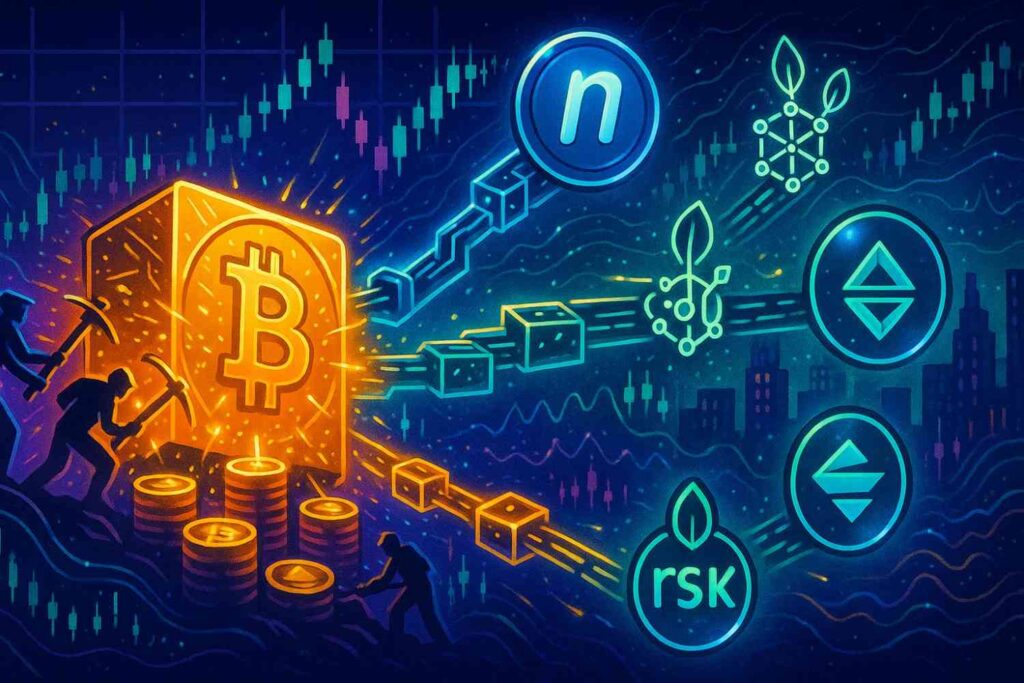 Editorial illustration of Bitcoin’s hashrate boosting security for merge-mined chains.