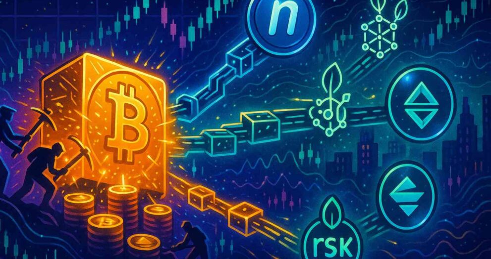Editorial illustration of Bitcoin’s hashrate boosting security for merge-mined chains.