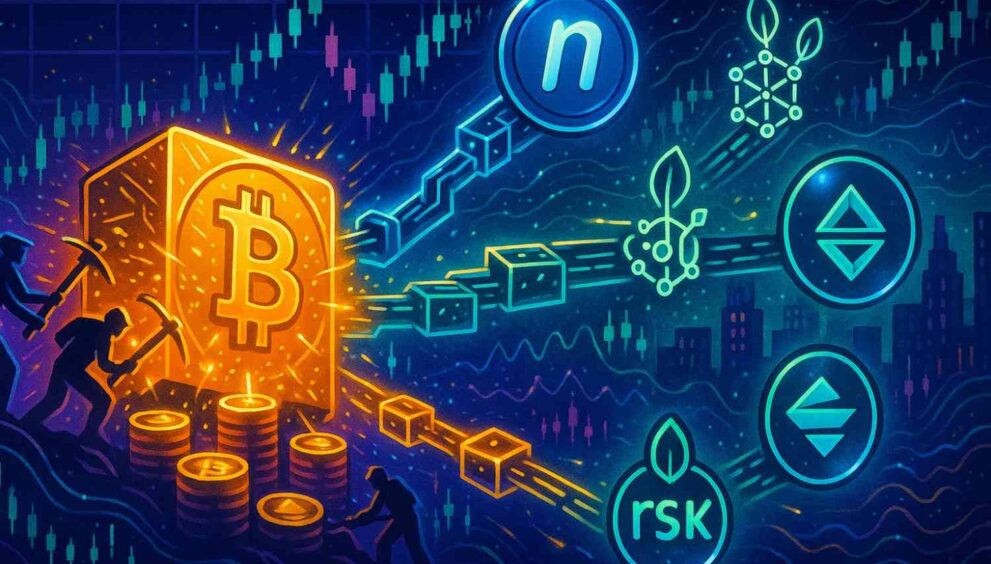Editorial illustration of Bitcoin’s hashrate boosting security for merge-mined chains.